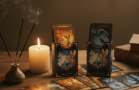Ein beleuchteter Tisch mit zwei Kartendeck-Boxen, aus denen Karten herausragen. Davor liegen ausgebreitete Karten, daneben stehen eine brennende Kerze, Räucherstäbchen und einige Bücher. Die Szene wirkt ruhig und spirituell.